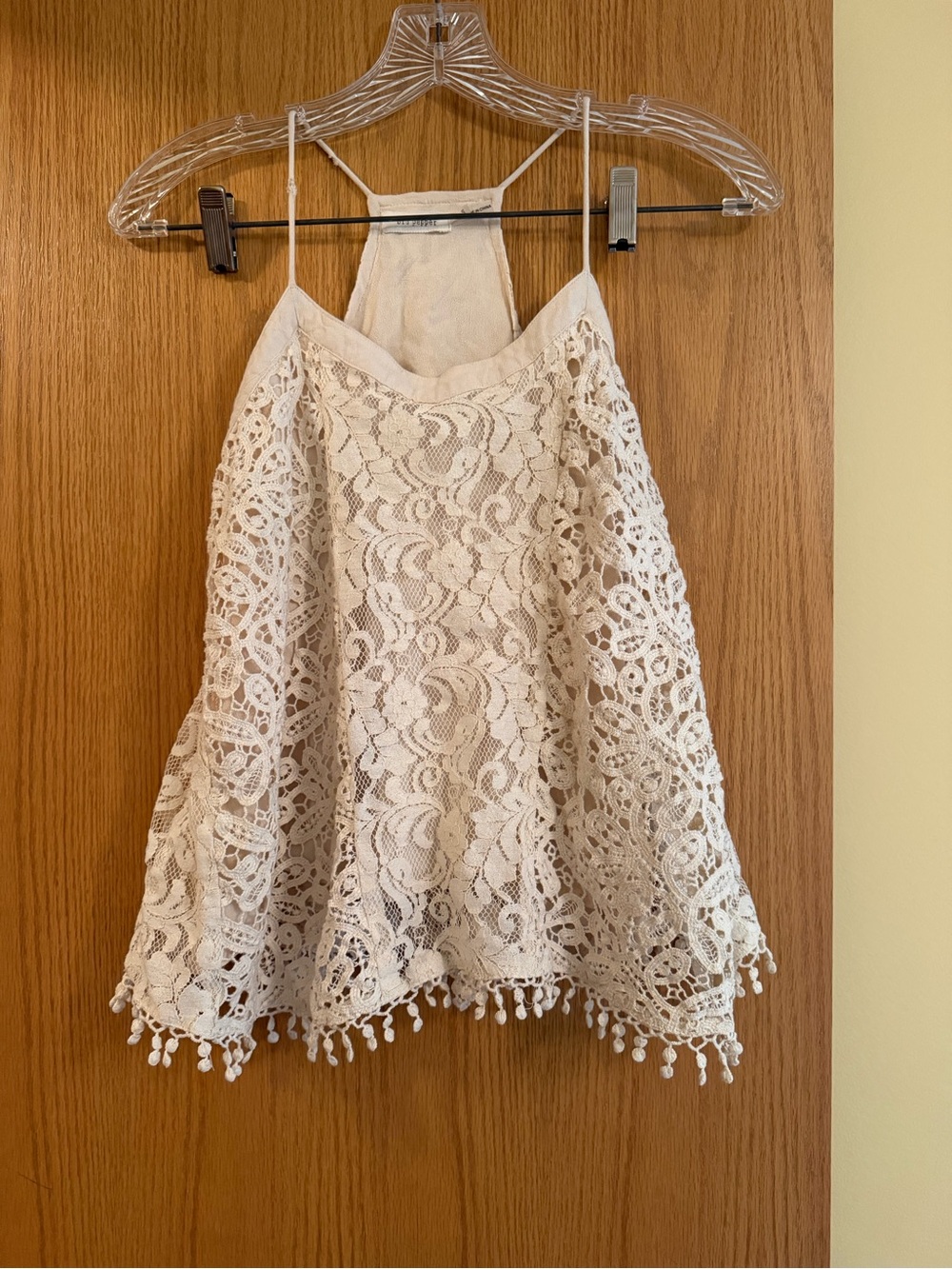 Blu Peppee Cream Lace Halter Top with Pom Trim Detail